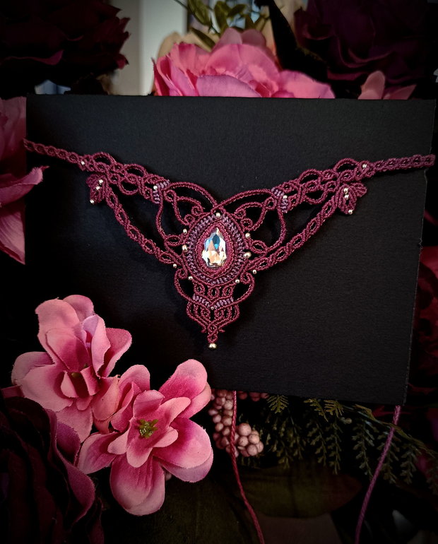 Colier frunze magenta Swarovski micromacrame