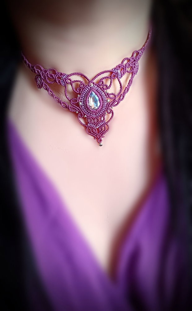 Colier frunze magenta Swarovski micromacrame