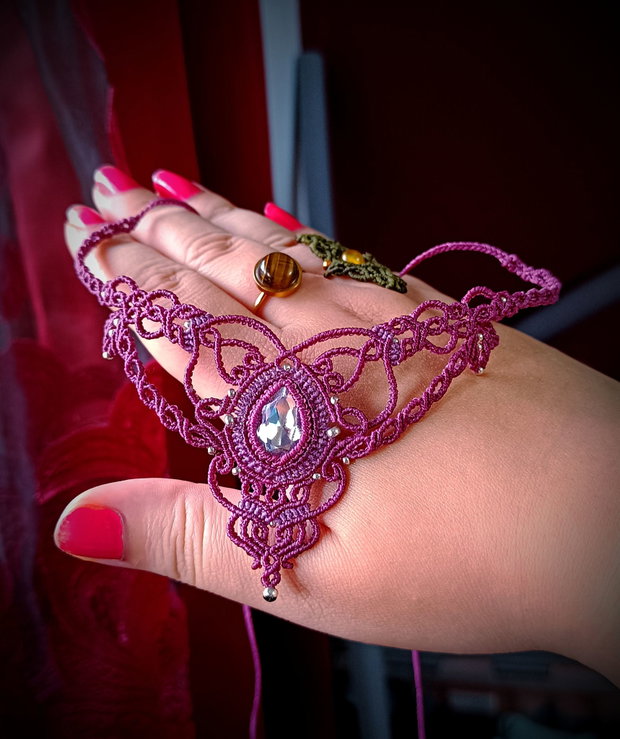 Colier frunze magenta Swarovski micromacrame