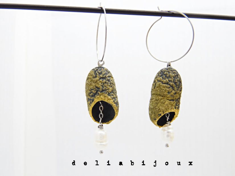 Cercei handmade din coconi de mătase cu perlă naturală (cod1310)