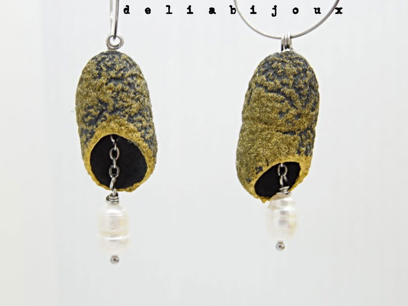 Cercei handmade din coconi de mătase cu perlă naturală (cod1310)