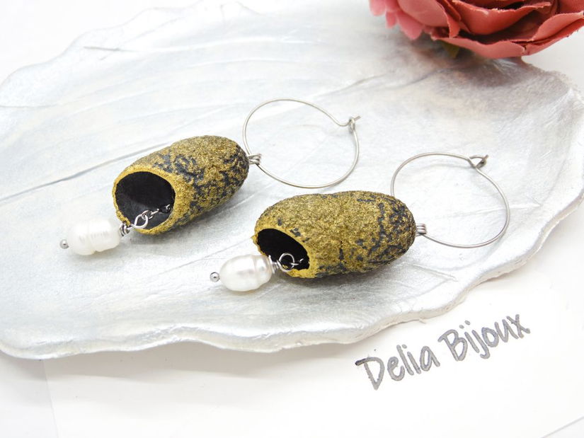 Cercei handmade din coconi de mătase cu perlă naturală (cod1310)