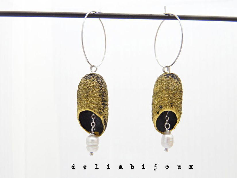 Cercei handmade din coconi de mătase cu perlă naturală (cod1311)