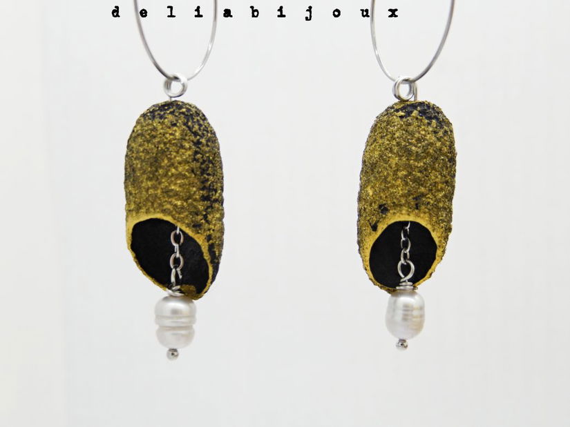 Cercei handmade din coconi de mătase cu perlă naturală (cod1311)