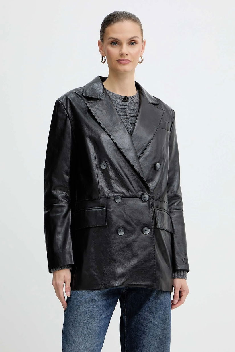 MAX&Co. sacou de piele culoarea negru, cu două rânduri de nasturi, uni, 2526446053200
