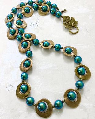Colier vintage perle verde smarald Swarovski & aliaj bronz