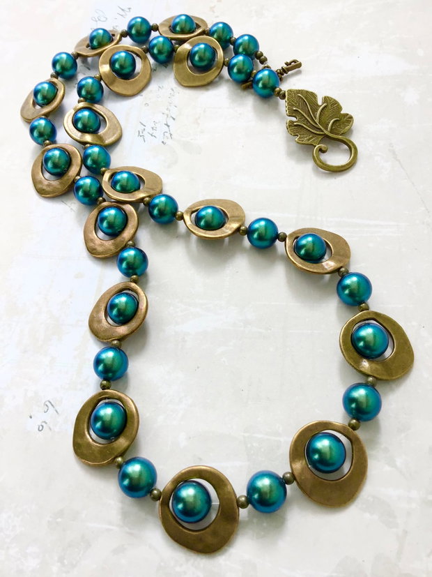 Colier vintage perle verde smarald Swarovski & aliaj bronz