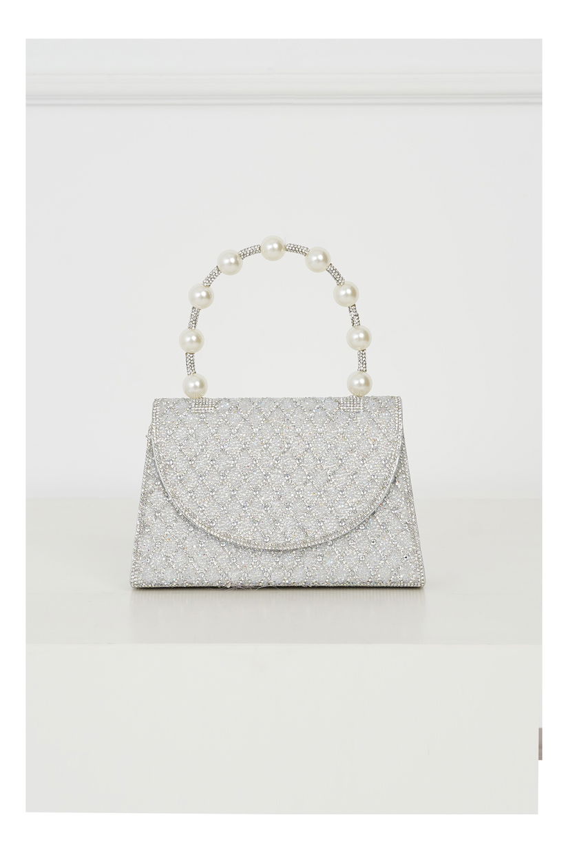 Clutch elegant din strasuri si glitter argintiu cu maner din perle