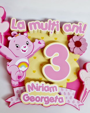 Topper 3D Tort Personalizat cu Ursoaică Roz Jucăușă - Decor Botez, Aniversare Fetiță, Tăierea Moțului