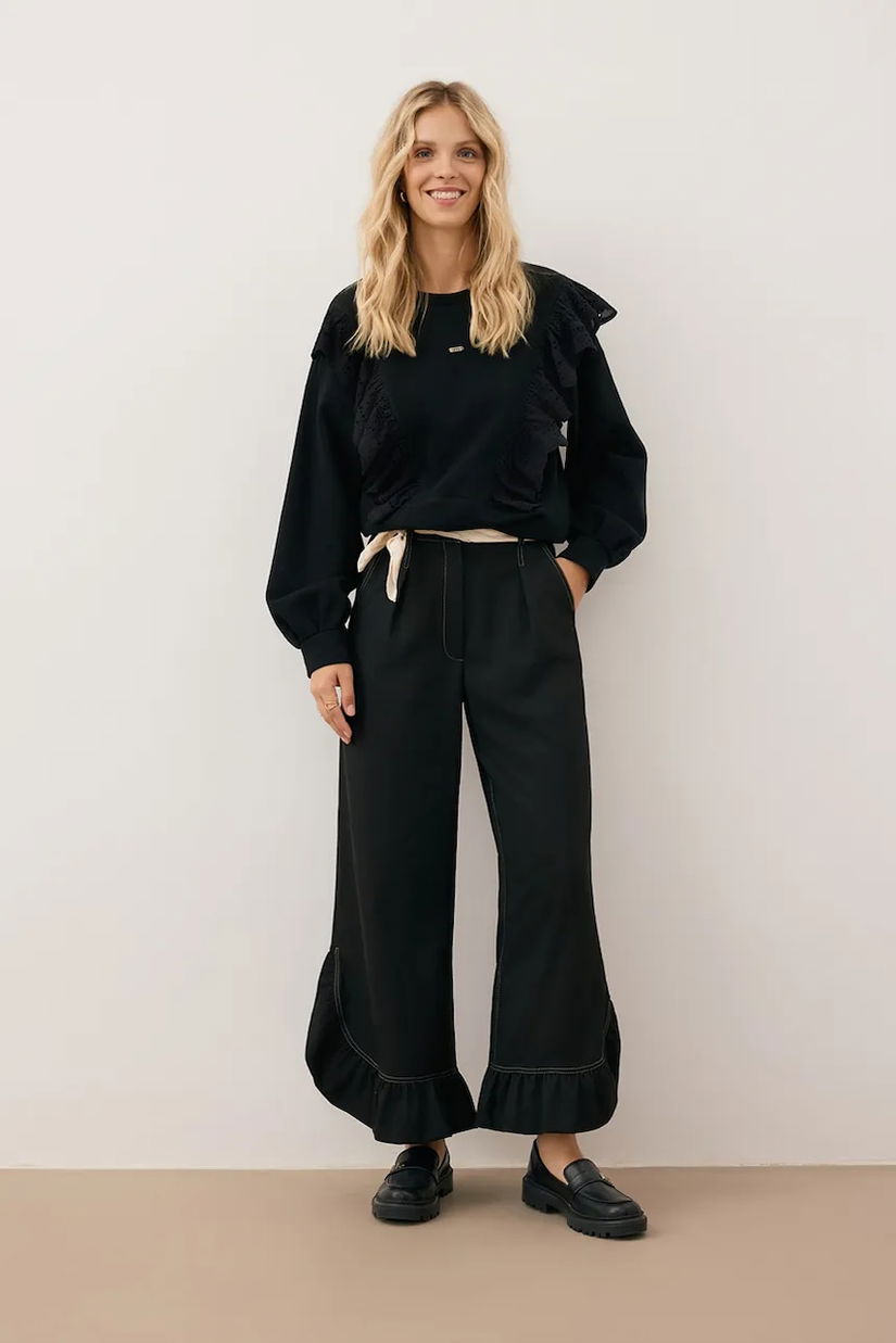 Bizuu pantaloni NELLY culoarea negru, lat, high waist, NELLY CZARNY