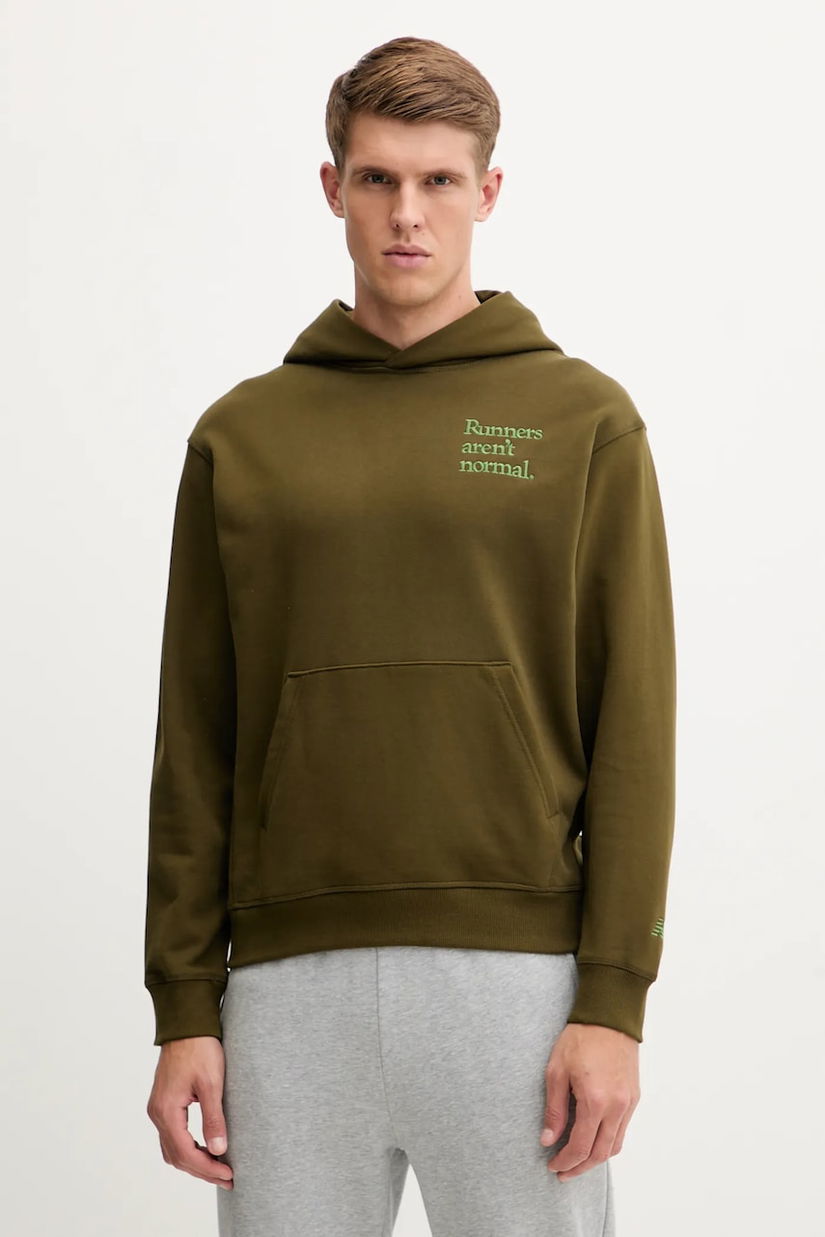 New Balance hanorac de bumbac culoarea verde, cu glugă, cu imprimeu, MT53918WDL