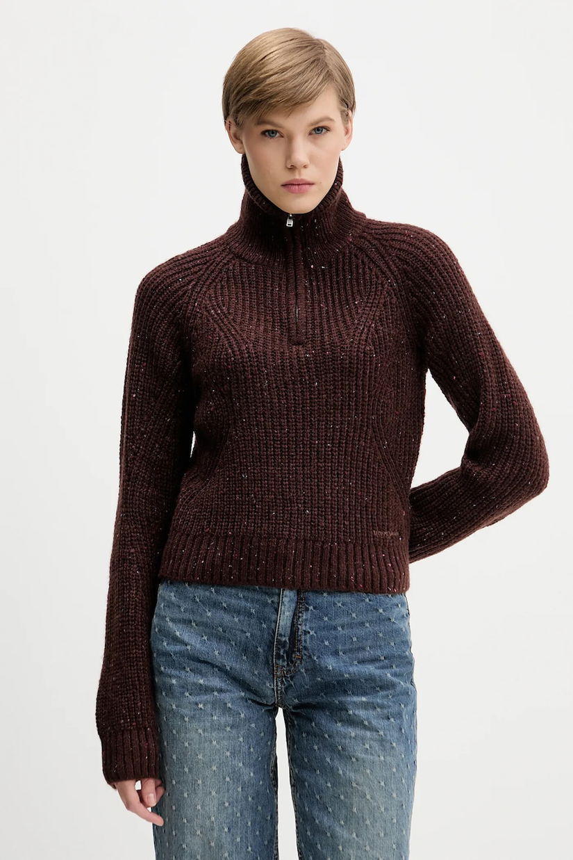 Tommy Jeans pulover din amestec de lână culoarea maro, călduros, cu guler, DW0DW21686