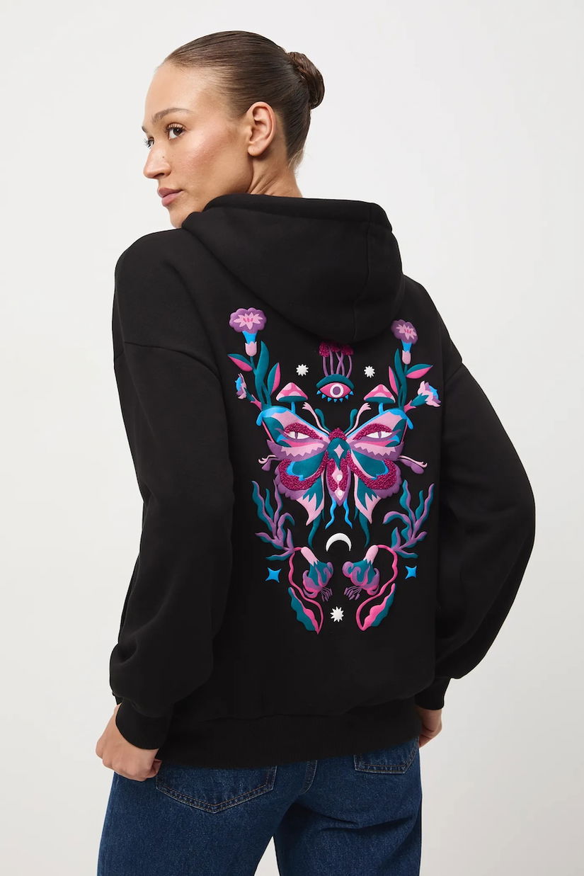 Medicine bluza culoarea negru, cu glugă, cu imprimeu