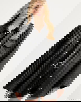 Gestuz cămașă din piele culoarea negru, cu guler clasic, relaxed, 10910553