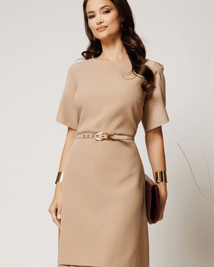 Rochie scurta bej din stofa cu maneci tip lalea si curea in talie