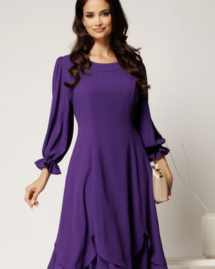 Rochie midi mov din voal cu croi in clini si volane la baza