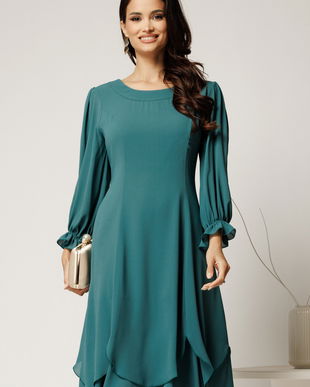 Rochie midi verde mint din voal cu croi in clini si volane la baza