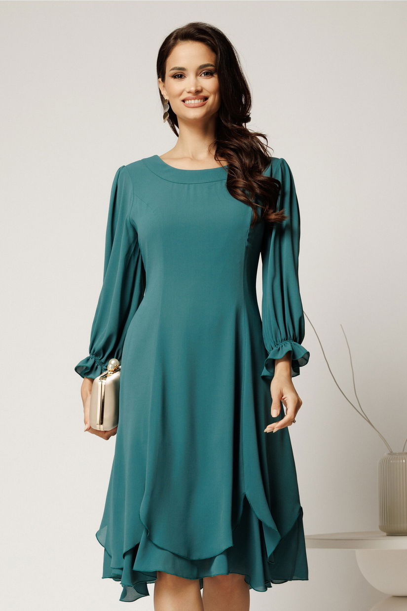 Rochie midi verde mint din voal cu croi in clini si volane la baza