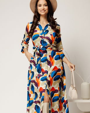 Rochie midi tip camasa cu imprimeuri portocalii si curea in talie