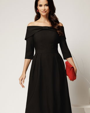 Rochie Irene midi neagra in clos cu umerii goi si funda la bust