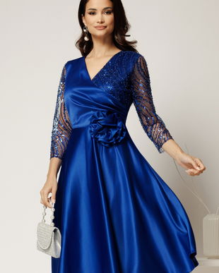 Rochie Azaleea midi albastra din tafta cu paiete la bust si funda maxi in talie