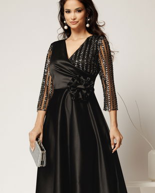 Rochie Azaleea midi neagra din tafta cu paiete la bust si funda maxi in talie