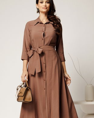 Rochie maro tip camasa din viscoza cu cordon in talie