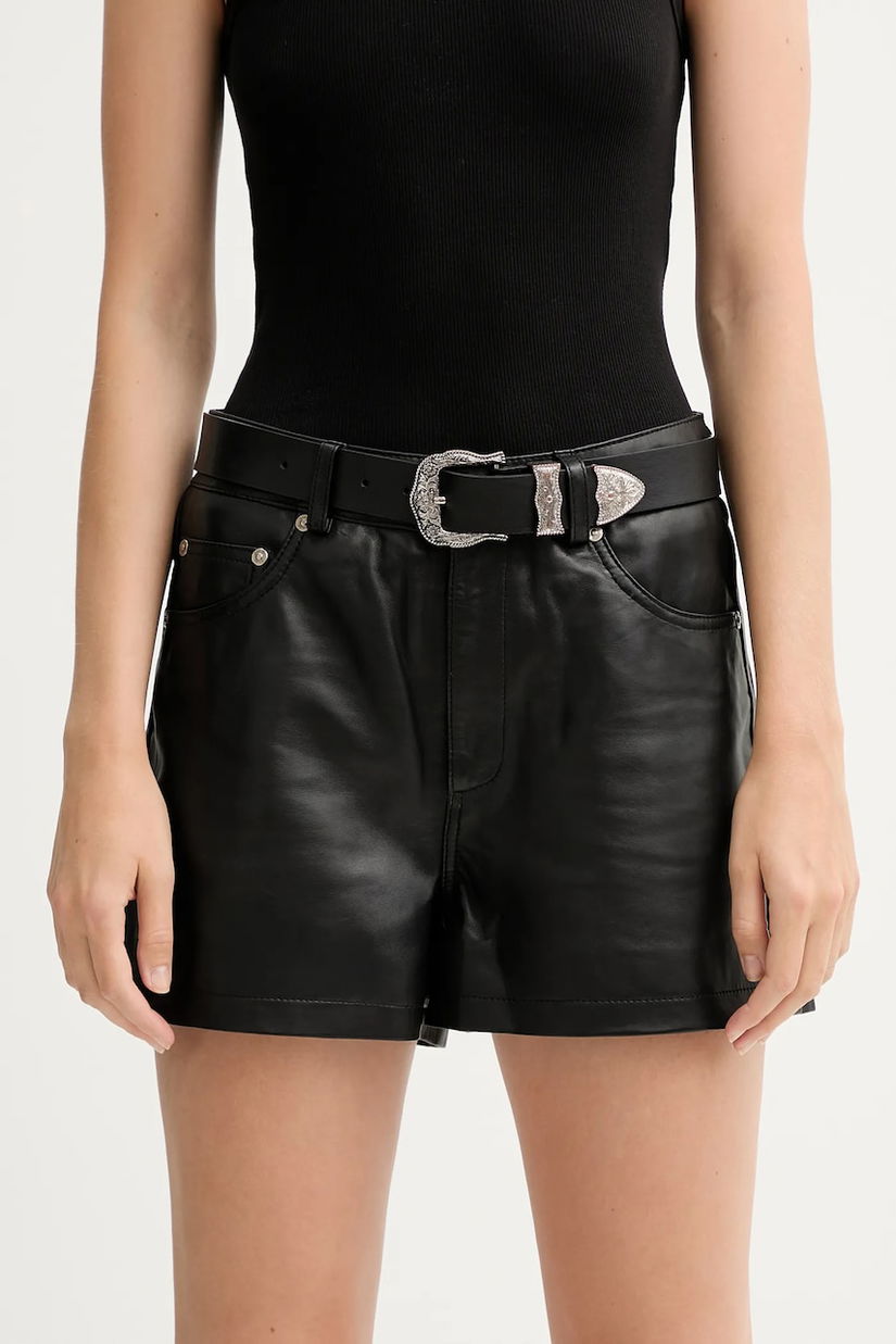 Gestuz pantaloni scurți de piele culoarea negru, uni, high waist, 10910554