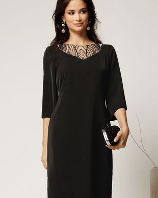 Rochie midi neagra din triplu voal cu croi drept si paiete la decolteu