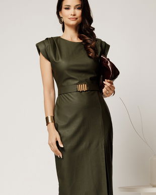 Rochie midi kaki din piele ecologica cu croi conic si curea in talie
