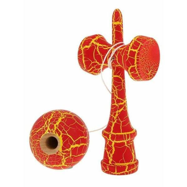 Jucărie interactivă Kendama din lemn, 18 cm, model roșu cu crăpături galbene &ndash; joc de &icirc;ndem&acirc;nare pentru copii și adulți