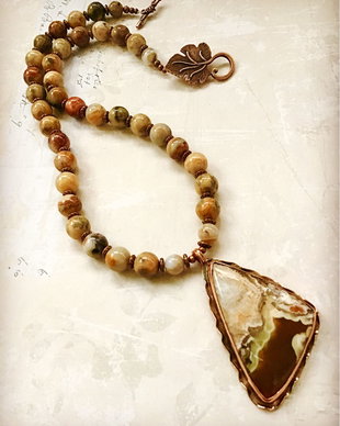 Colier vintage agate crazy lace & cupru