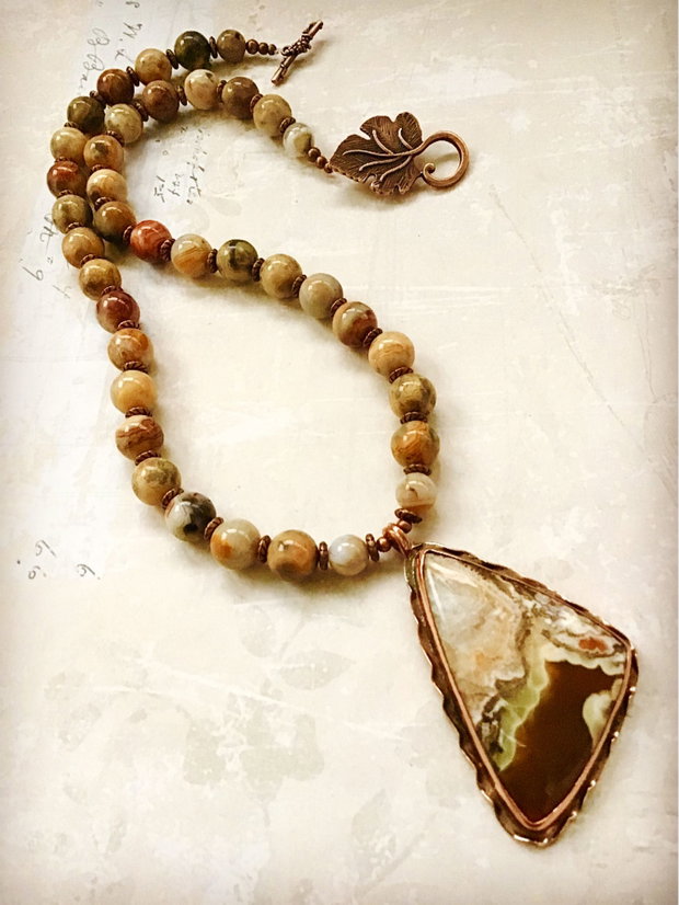 Colier vintage agate crazy lace & cupru