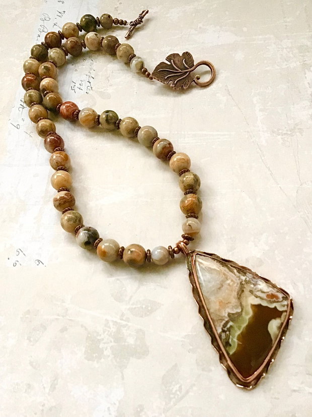 Colier vintage agate crazy lace & cupru