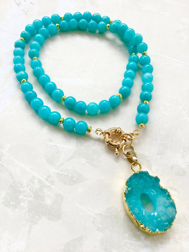 Colier jad bleu turcoaz & pandantiv druzy