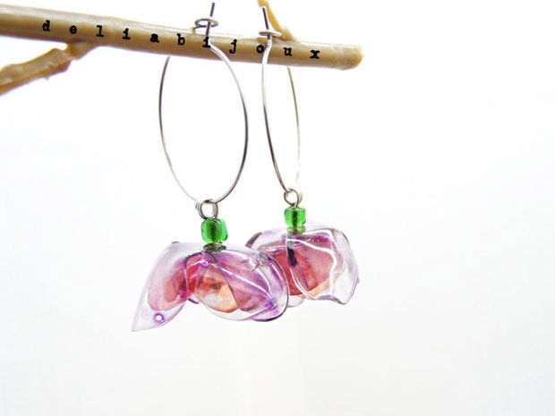 Cercei statement handmade unicat - PET-uri (plastic) reciclate - flori (cod1314)