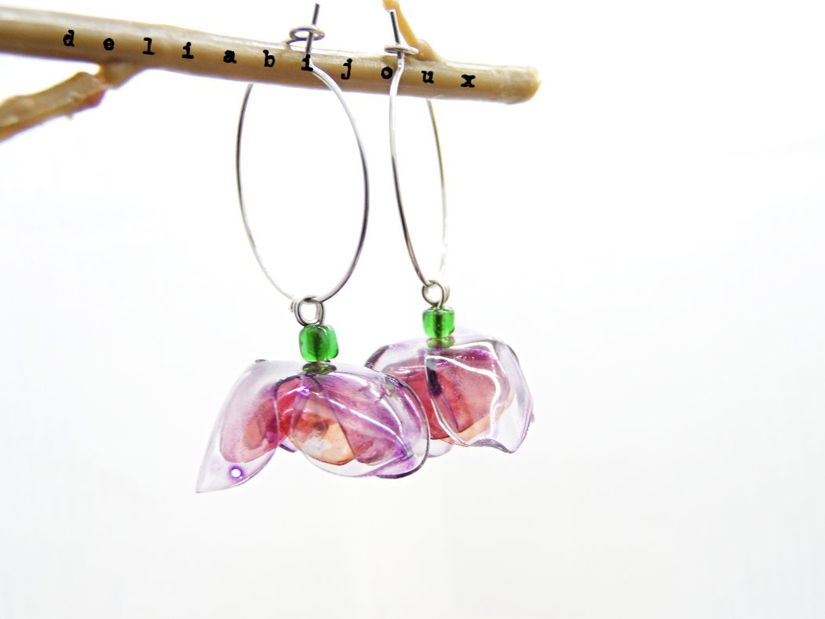 Cercei statement handmade unicat - PET-uri (plastic) reciclate - flori (cod1314)