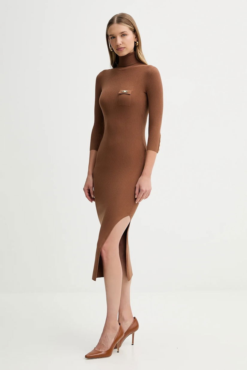 Elisabetta Franchi rochie din mătase culoarea maro, midi, mulata, AM23B56E2