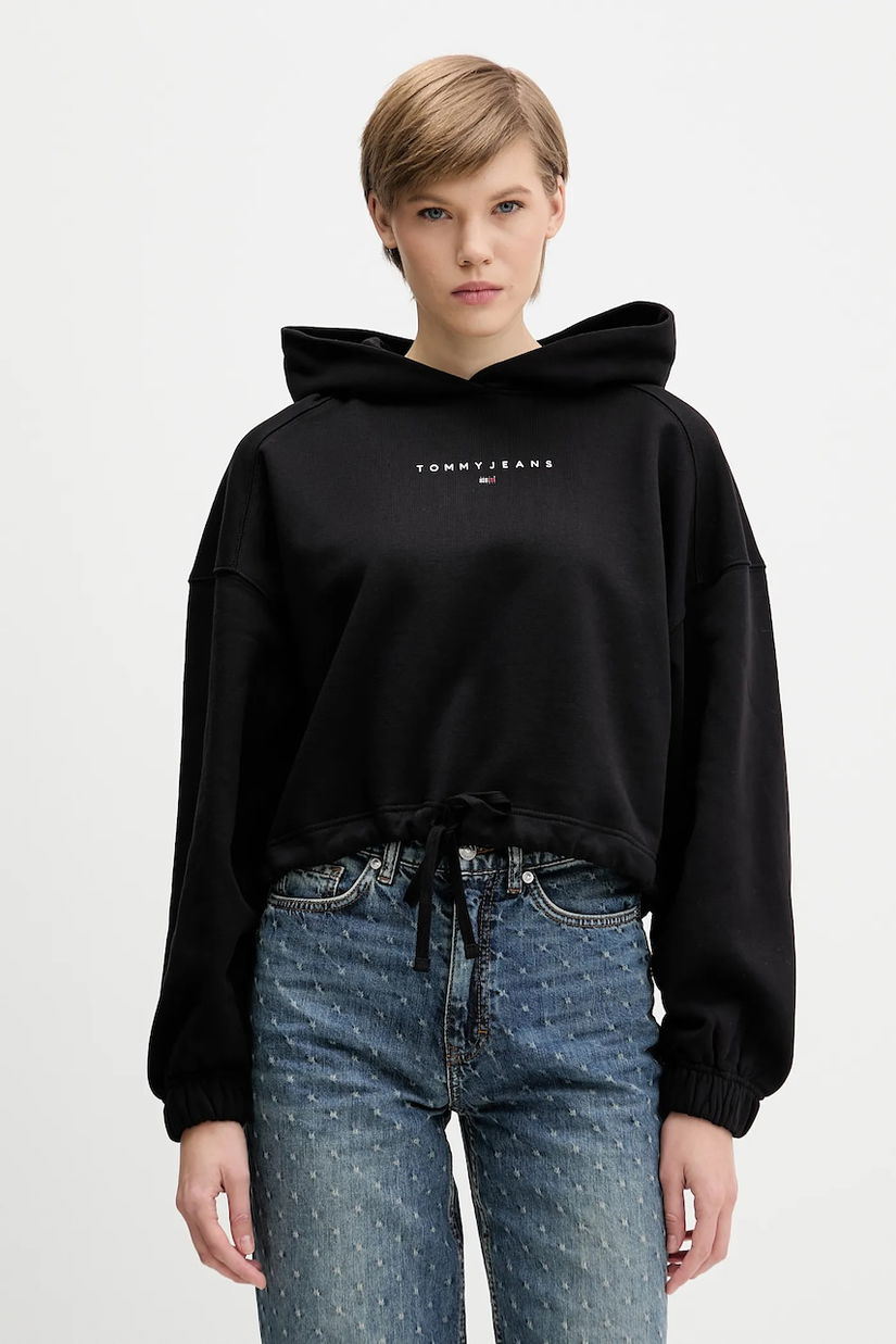 Tommy Jeans hanorac de bumbac culoarea negru, cu glugă, cu imprimeu, DW0DW21607