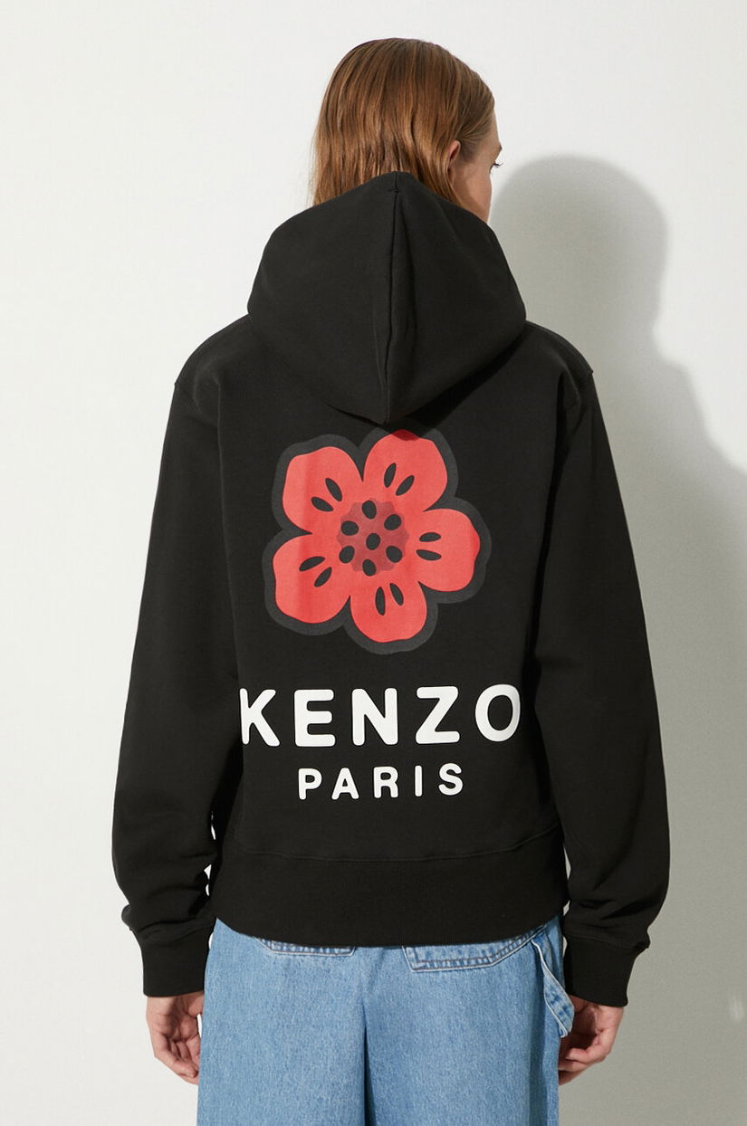 Kenzo bluza Boke Placed femei, culoarea negru, cu glugă, cu imprimeu, FE62SW1624MT.99J