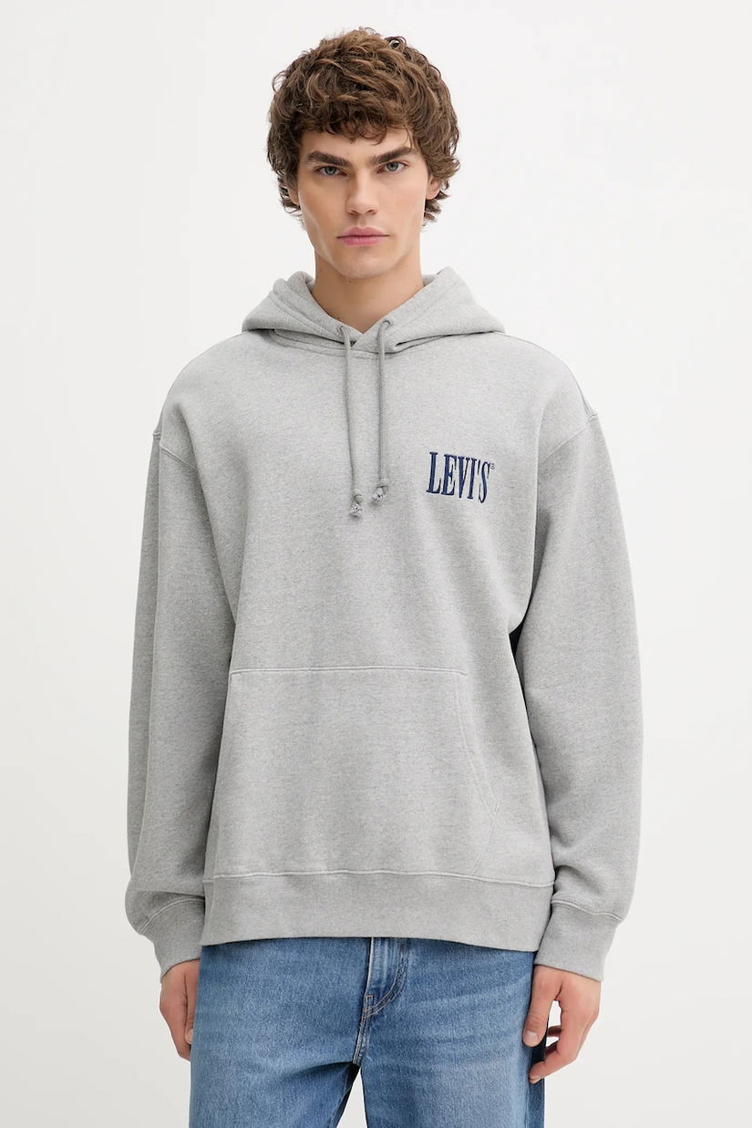 Levi's bluză culoarea gri, cu glugă, cu imprimeu, 38479