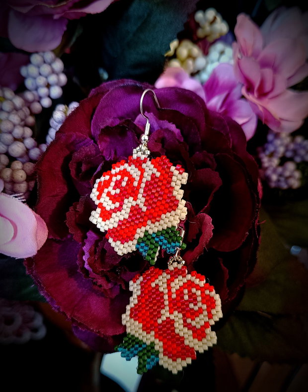 Cercei trandafir broderie mărgele Myiuki