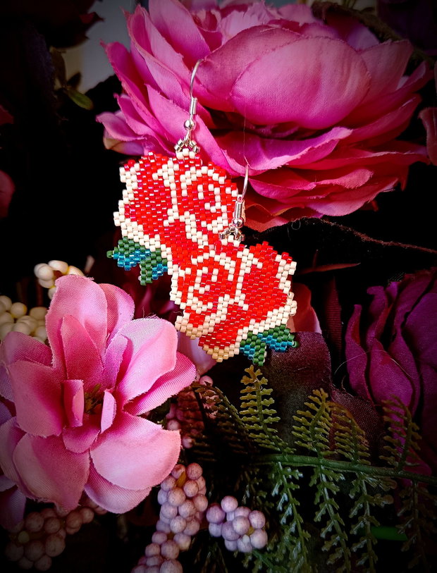 Cercei trandafir broderie mărgele Myiuki