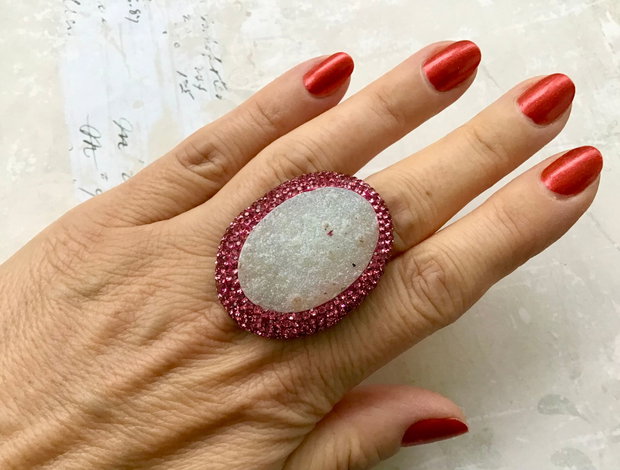 Inel agata druzy roz & marcasite ciclam