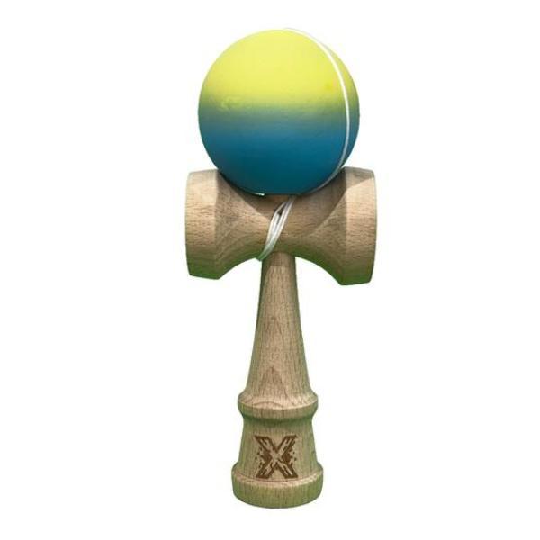 Jucarie Kendama X Originala, Profesionala, Flippy, din Lemn, Rubber Grip, 18 cm, Gradient Galben/Albastru/Verde