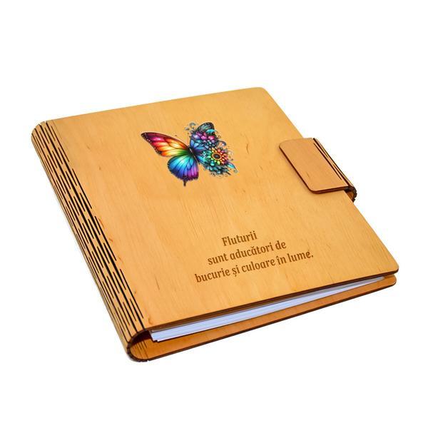 Agenda A5 din lemn personalizabila, natur, Piksel, Fluture floral multicolor, cu mesaj