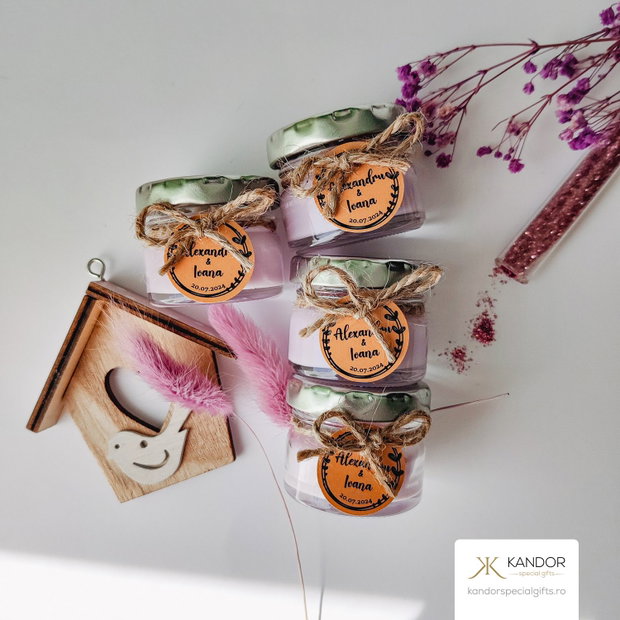 Mărturie nuntă/botez lumânare parfumată in borcănel cu aromă de lavandă, Kandor Special Gifts