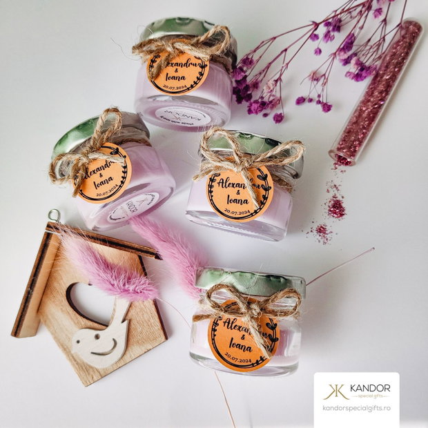 Mărturie nuntă/botez lumânare parfumată in borcănel cu aromă de lavandă, Kandor Special Gifts
