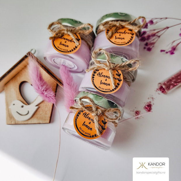 Mărturie nuntă/botez lumânare parfumată in borcănel cu aromă de lavandă, Kandor Special Gifts