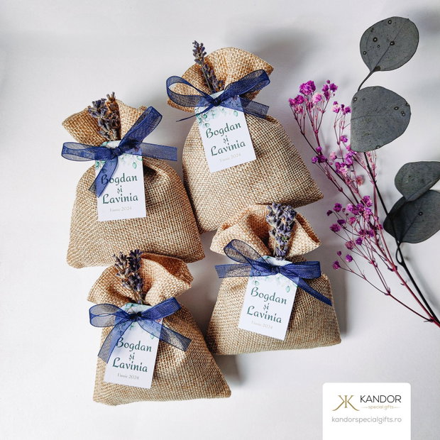 Mărturii nuntă săculeți din iuta cu lavandă uscată, handmade, Kandor Special Gifts